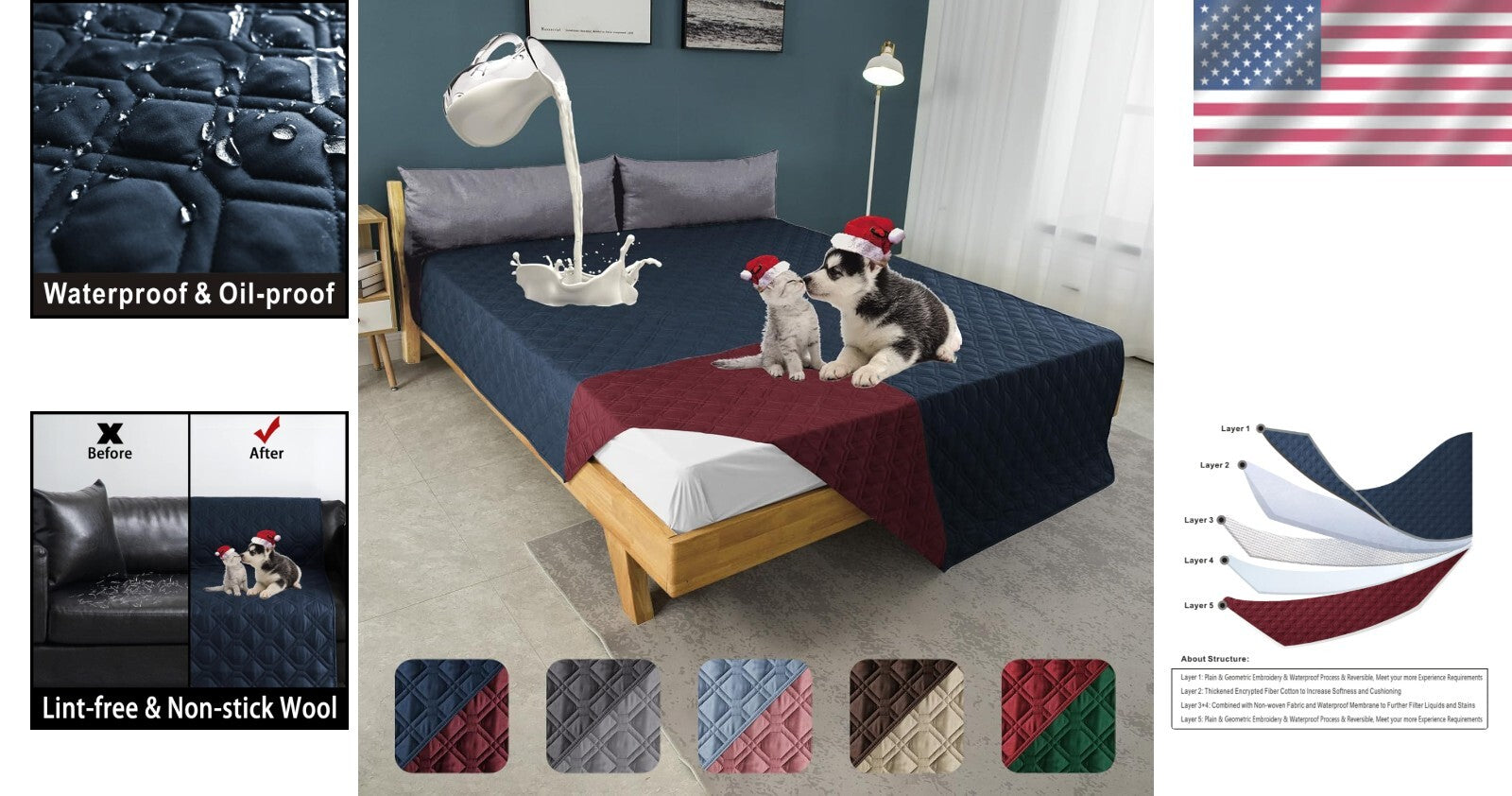 100% Waterproof Reversible Dog Bed Cover 86x82" - Navy & Burgundy Elegant Mat