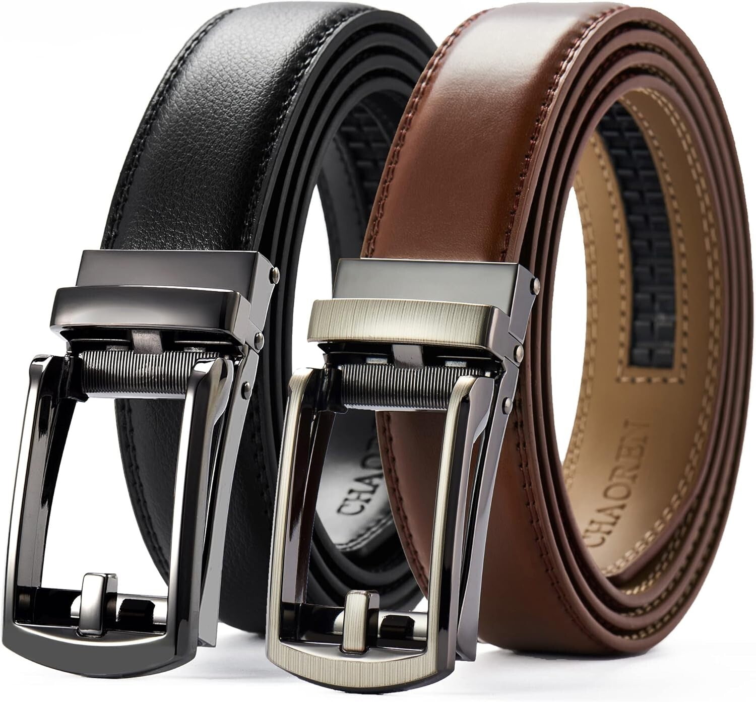 Men's Luxury Leather Ratchet Belt Pack of Two - Adjustable & Scratch Resistant