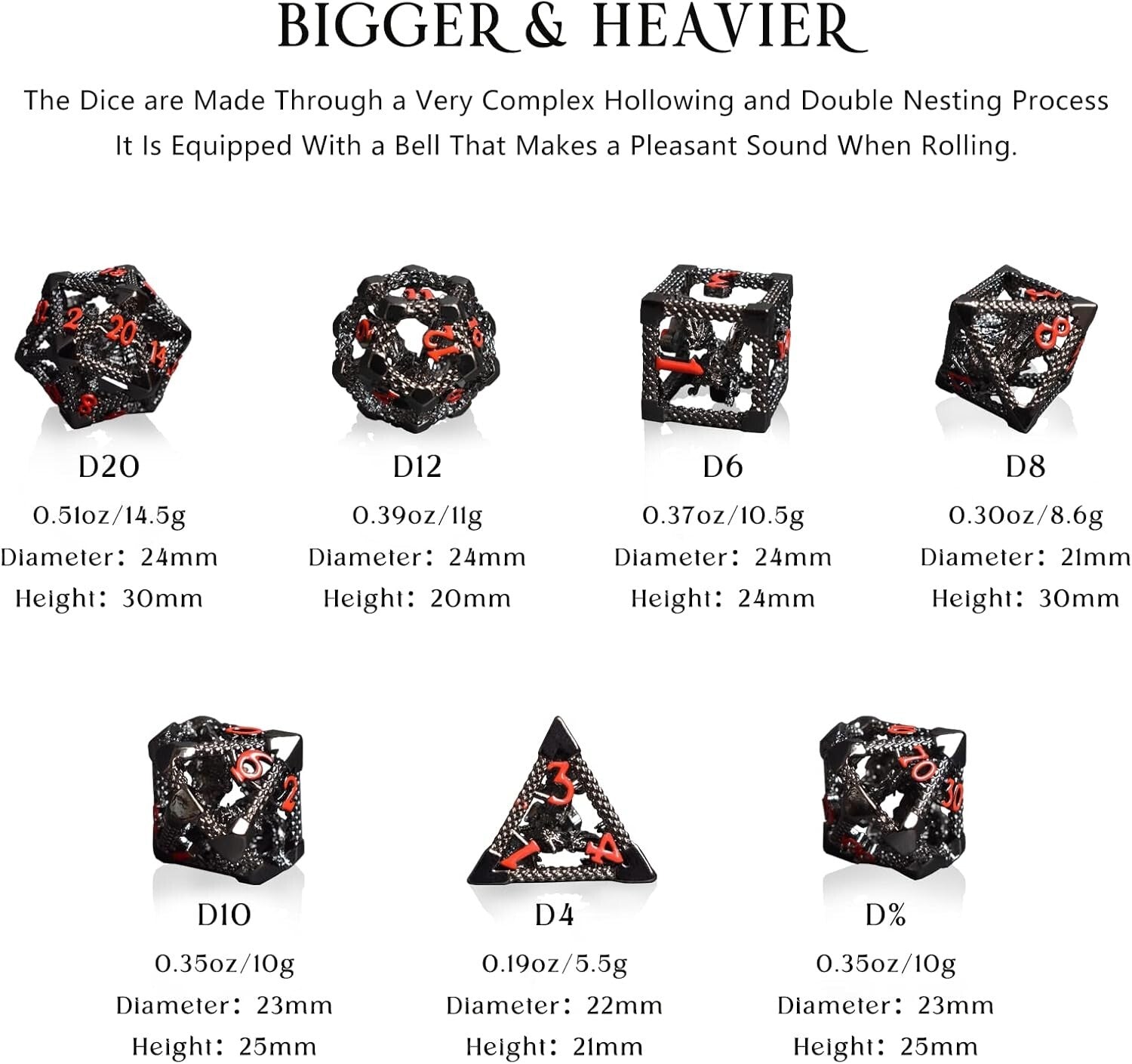 Fantasy-Inspired 7pc Metal Dice Set - Lightweight & Attractive for Gamers