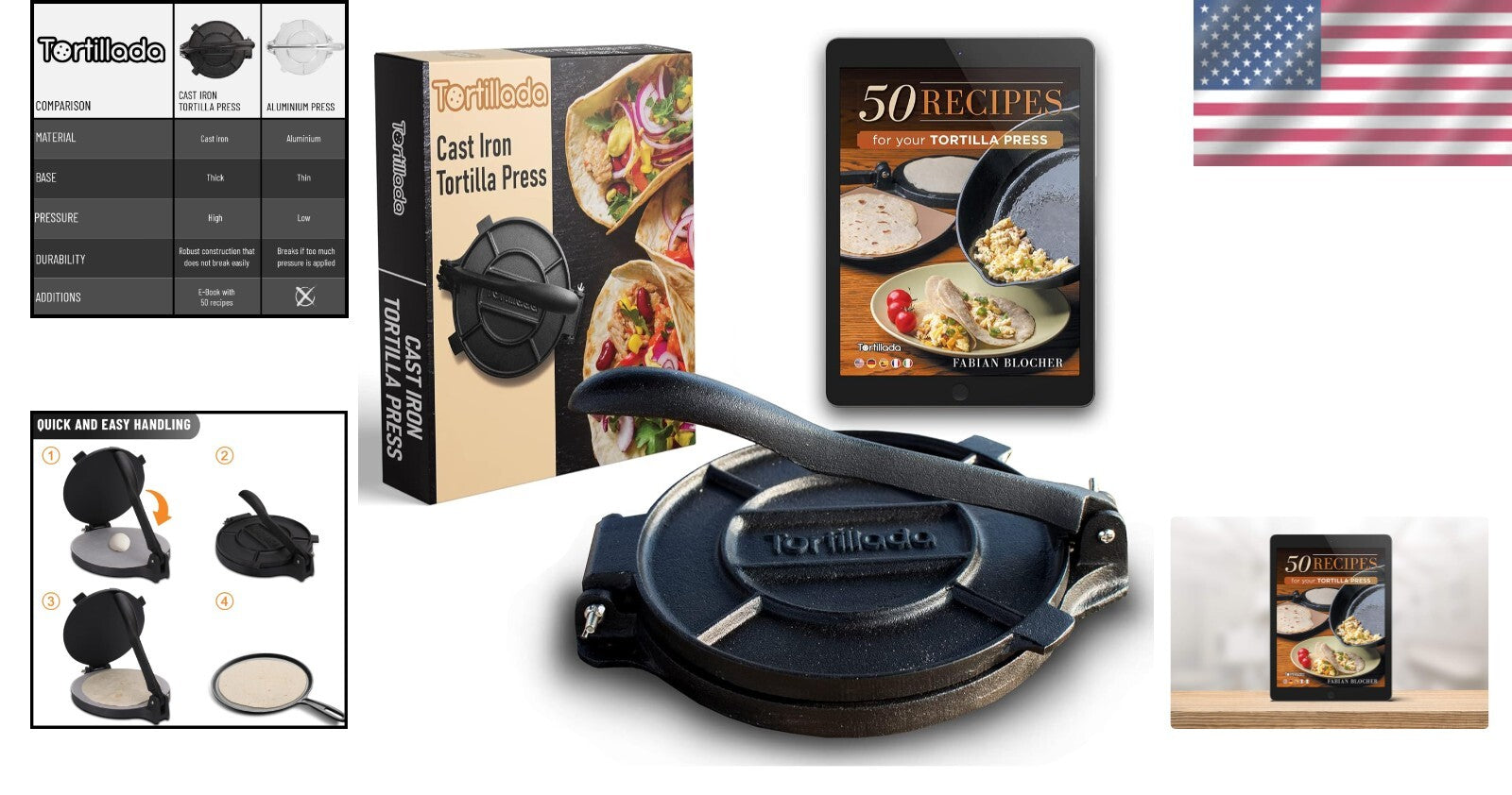 Versatile 12-Inch Cast Iron Tortilla Press + E-Book for Authentic Dishes