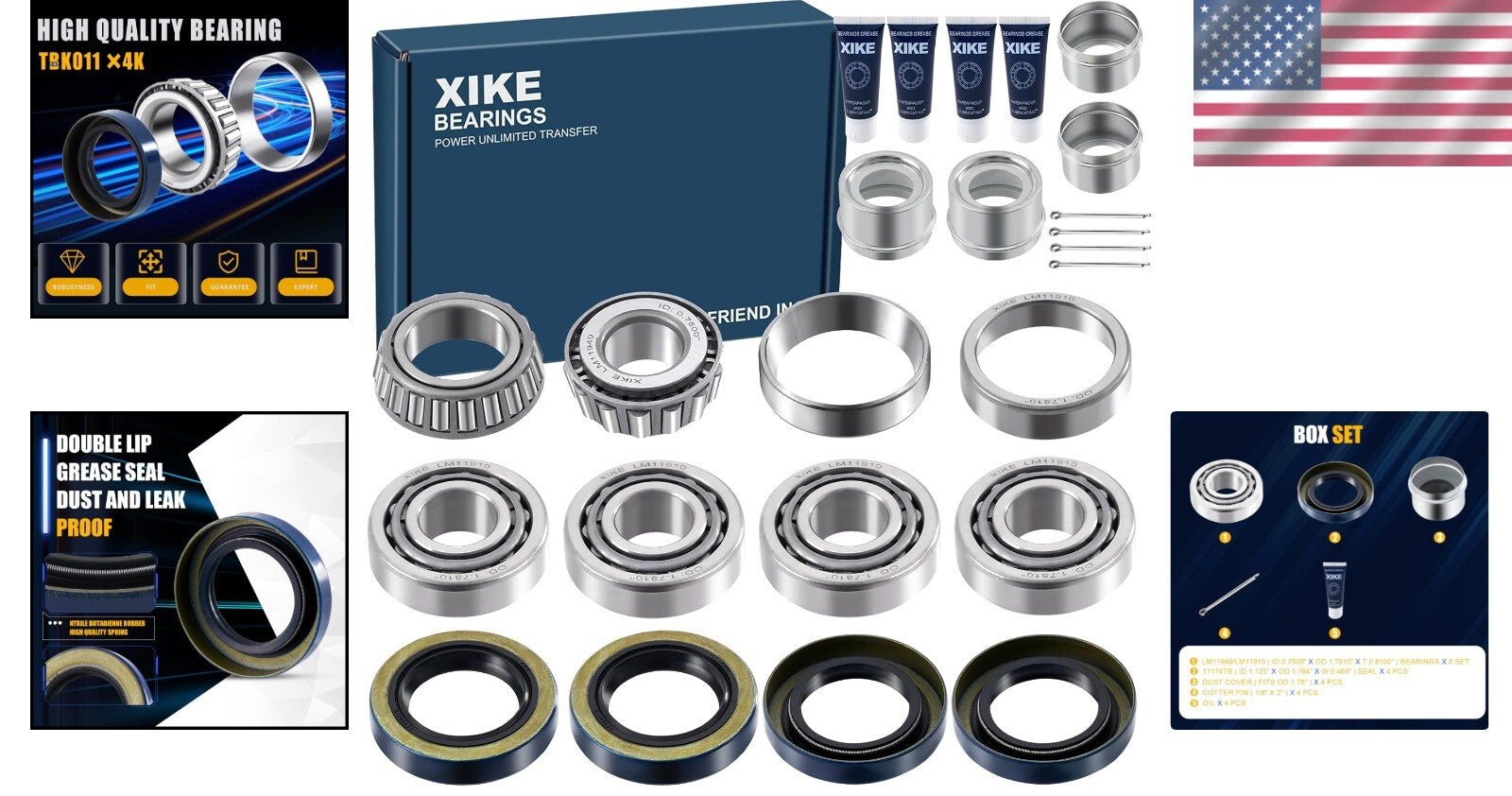 4-Piece Trailer Wheel Hub Kit for 3/4" Axles - LM11949/LM11910 Bearings Included