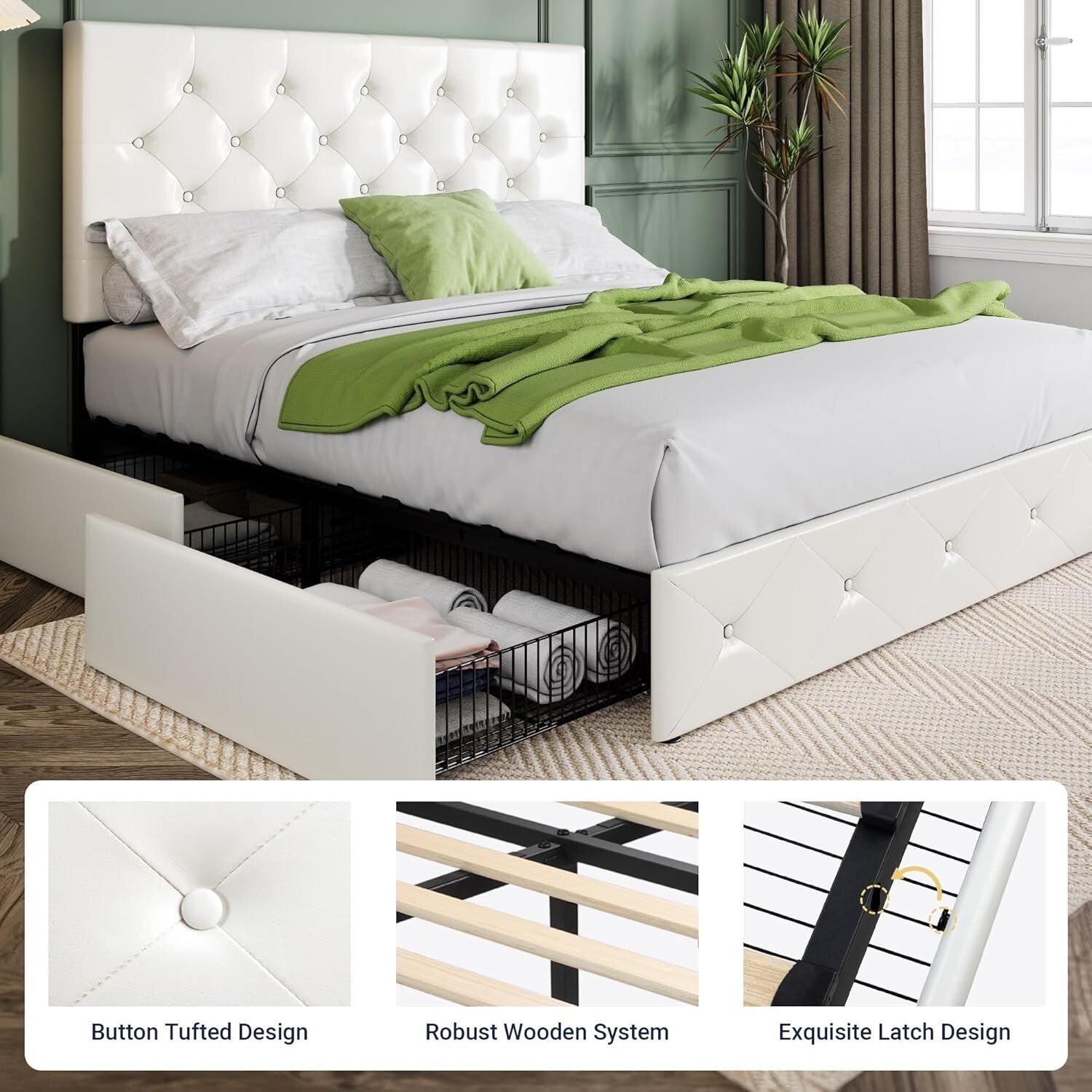 Elegant Full Size Upholstered Platform Bed with Storage Drawers - No Box Spring