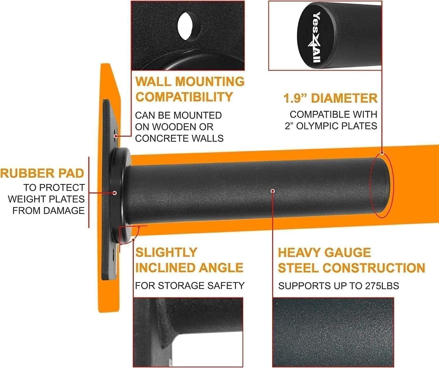 Compact Olympic Weight Plate Holder with Heavy-Duty Wall Mount - 550lb Capacity