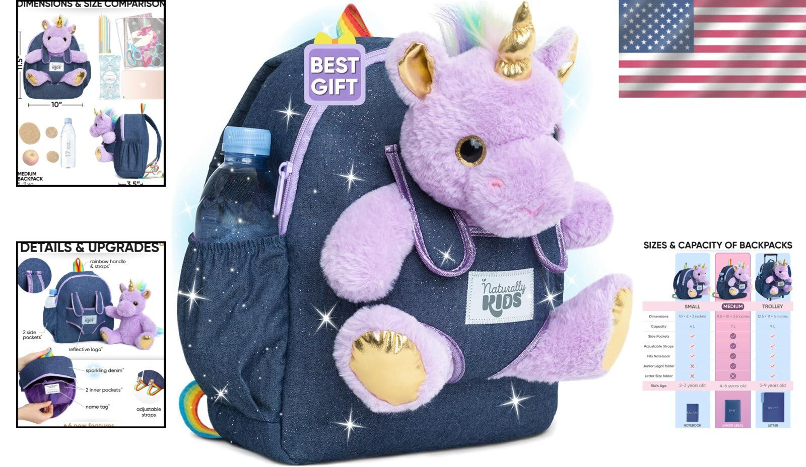 Medium Unicorn Toddler Backpack (11''h) with Removable Toy for Age 4-6 Girls