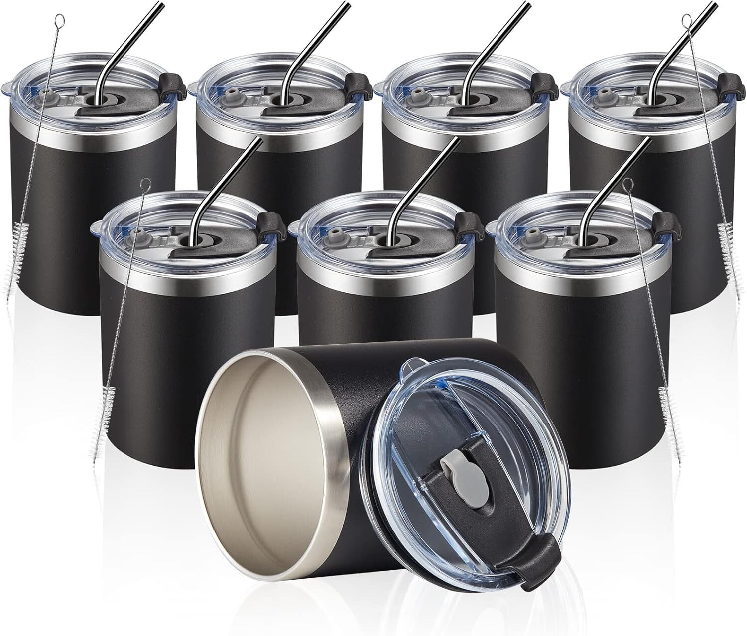 12oz Insulated Stainless Steel Coffee Mugs - 8 Pack, Double Wall & Stylish Black