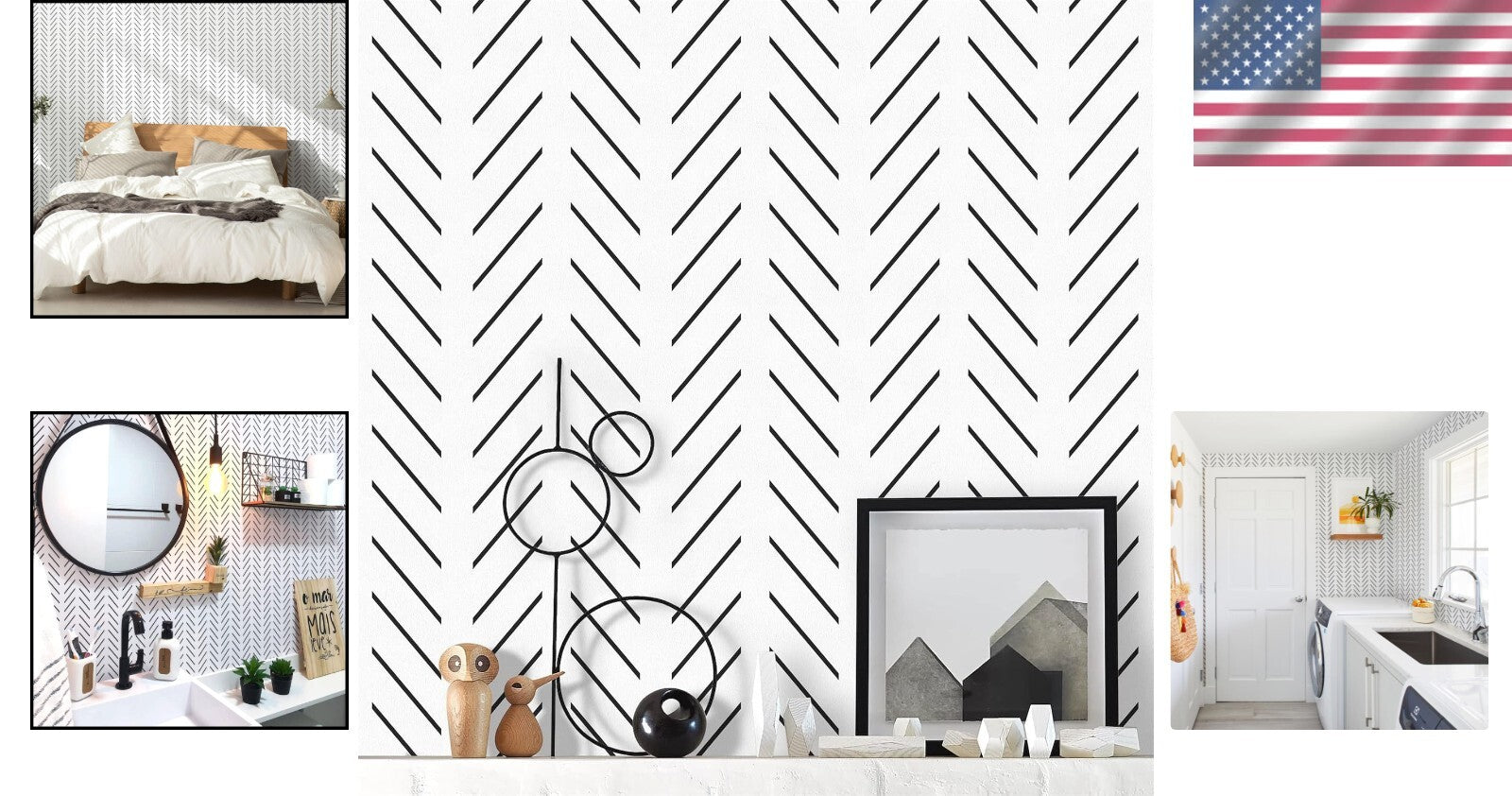 17.7in x 590.5in Black and White Removable Wallpaper - Stylish Herringbone Decor
