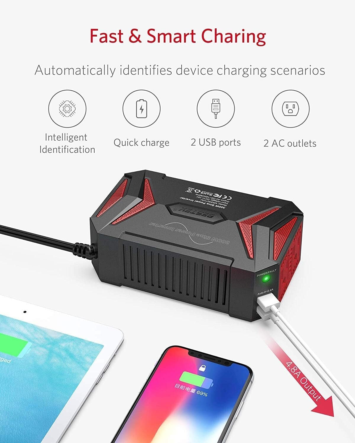 300W Vehicle Power Inverter with 2 AC Outlets and 4.8A USB Charging Power
