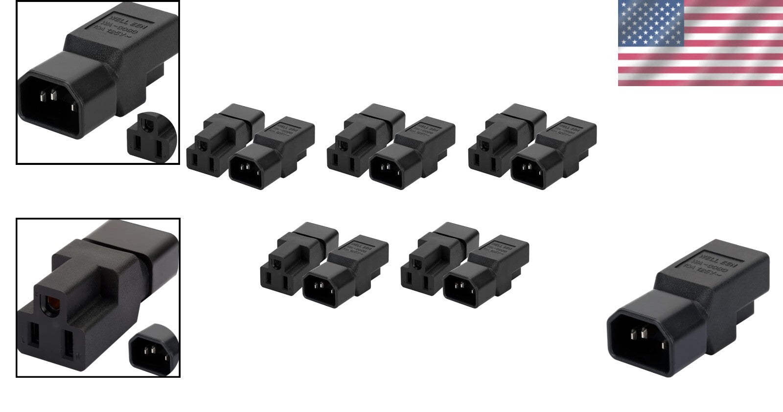 10 Pack C14 Male to NEMA 5-15R Female Power Plug - Reliable & Durable Connection