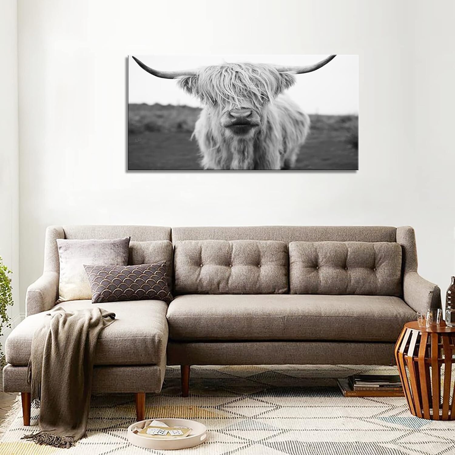 Elegant HC3650 Highland Cow Canvas Art - Black & White Wall Decor 20x40in