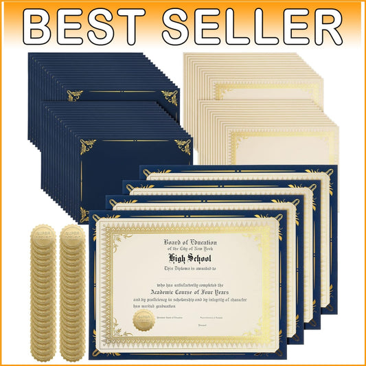 Complete 100-Piece Navy Blue Certificate Holder Set with Embossed Foil Seals