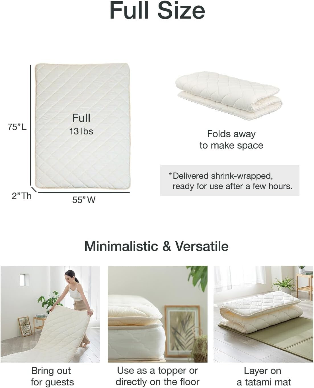 Ergonomic Full Japanese Futon Mattress - Lightweight & Space-Saving Design