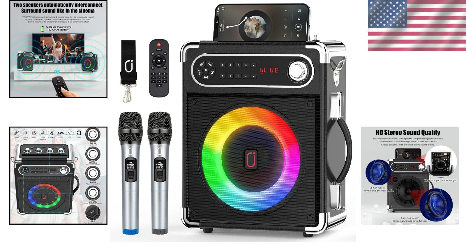 All-in-One PA System with Remote Control, Disco Lights, and Wireless Microphones