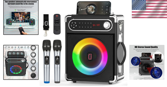All-in-One PA System with Remote Control, Disco Lights, and Wireless Microphones
