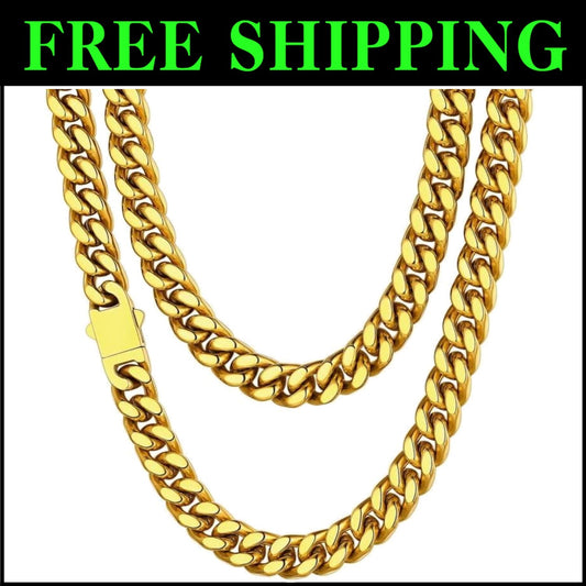 Durable Stainless Steel Cuban Link Chain Necklace - 18K Gold Plated Options