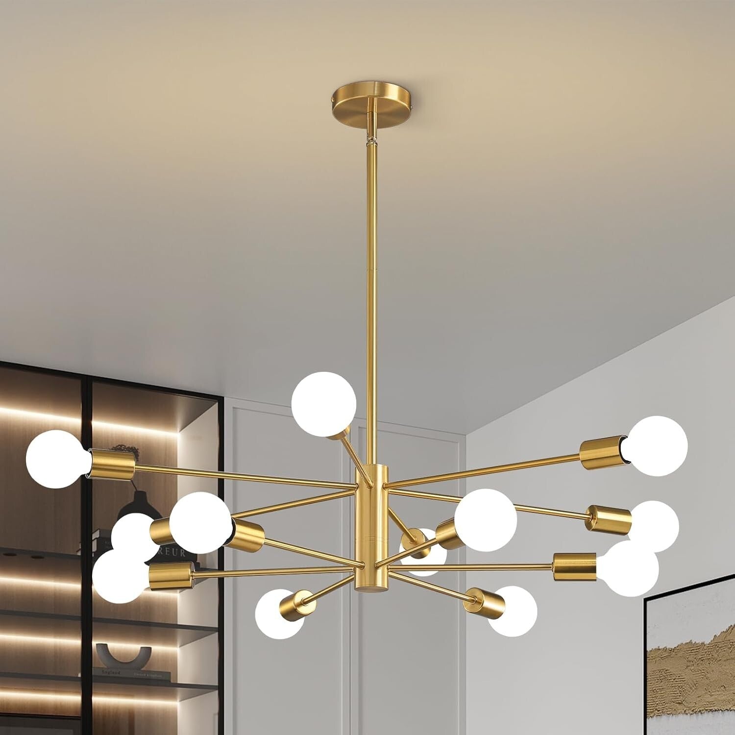 Adjustable Height Gold Chandelier - 12-Light Ceiling Fixture for Modern Homes