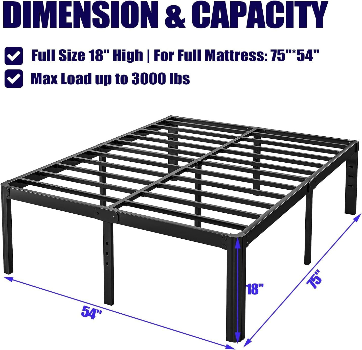 Full Size Metal Bed Frame - 18" High, Easy Assembly, No Box Spring Required