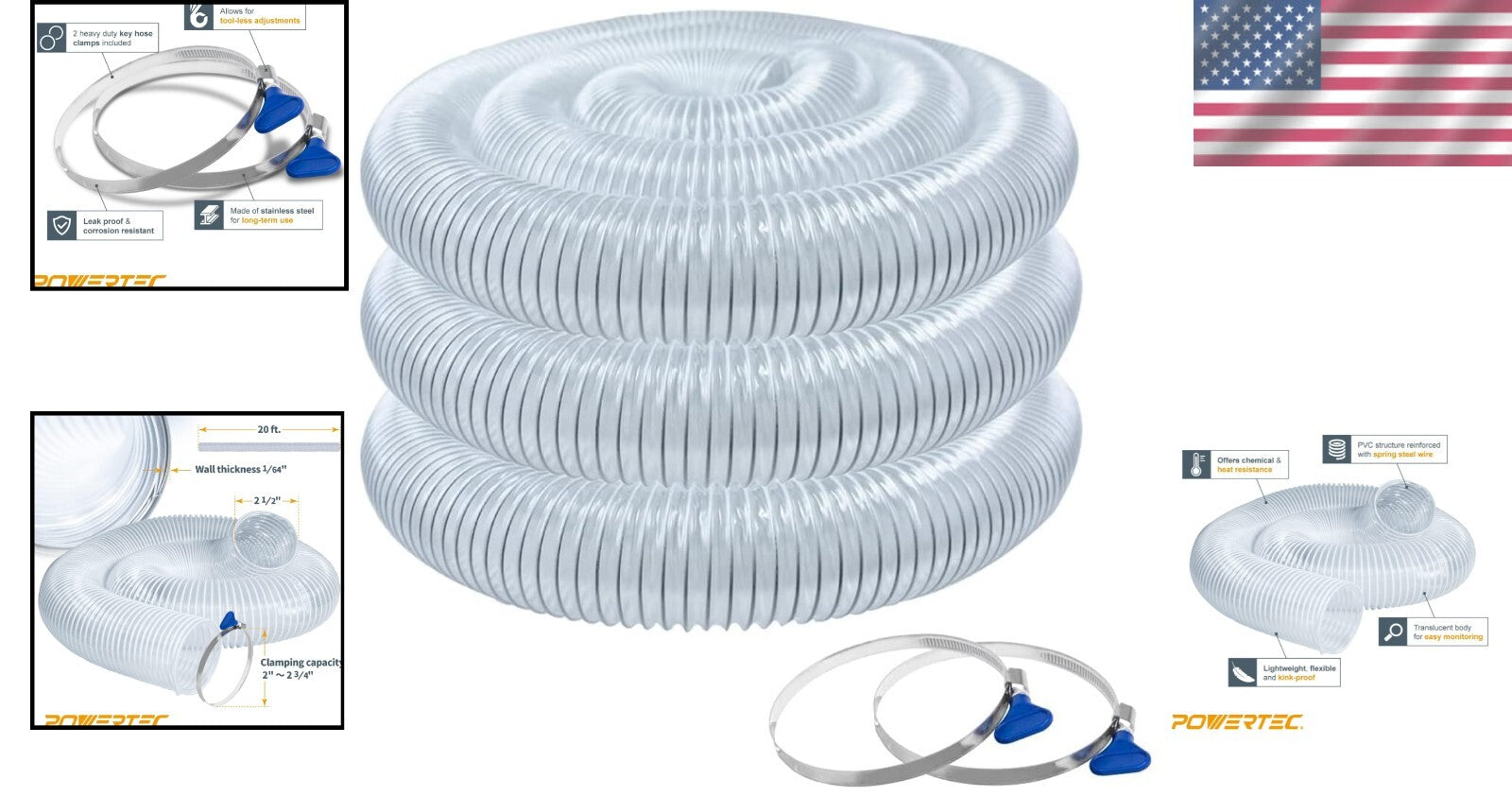 2-1/2" x 20' PVC Dust Collection Hose with 2 Stainless Steel Clamps - Worksho...