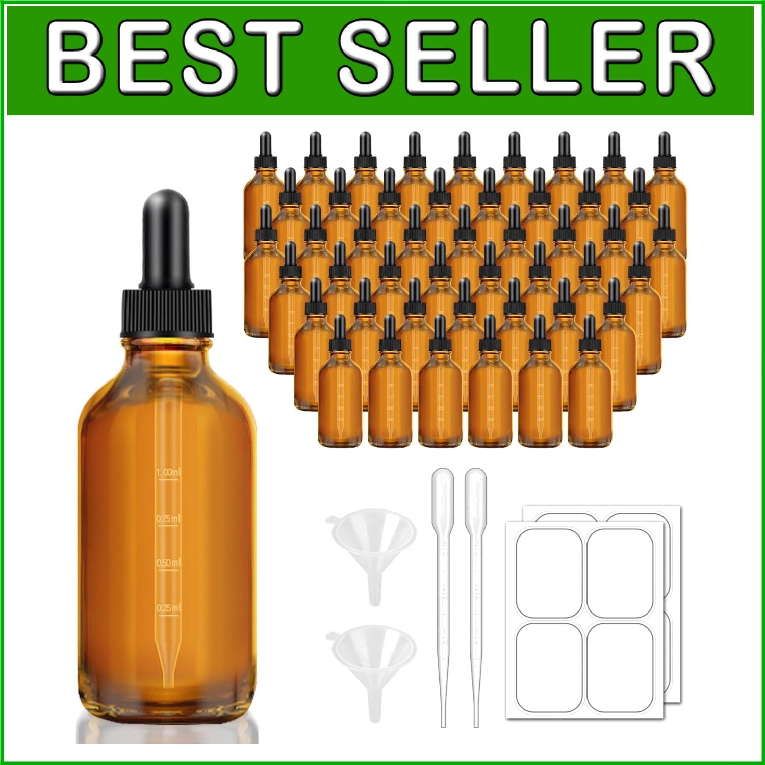 Bulk 48 Pack of 4 oz Leakproof Amber Glass Dropper Bottles with Labels & Funnels