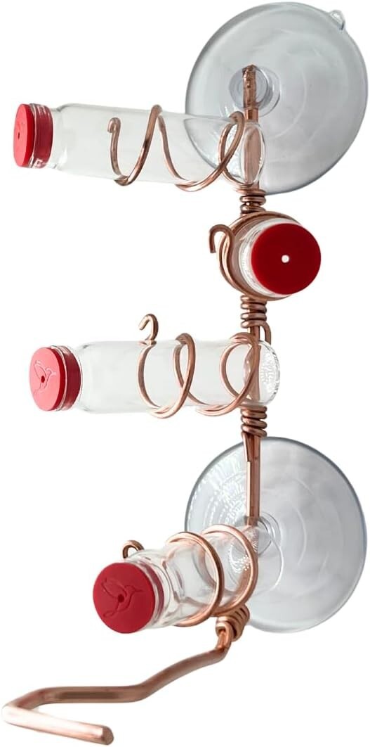 Handcrafted Copper Window Hummingbird Feeder with 4 Stations & Easy-Fill Bottles