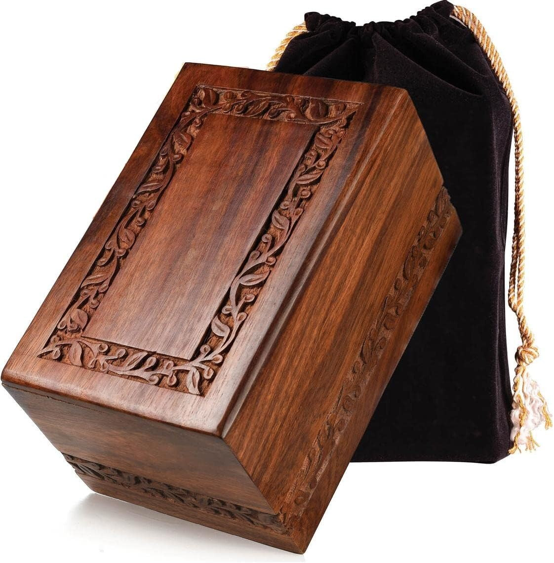 Intricate Engraved Rosewood Urn for Ashes - Memorial for Adults with Velvet Bag