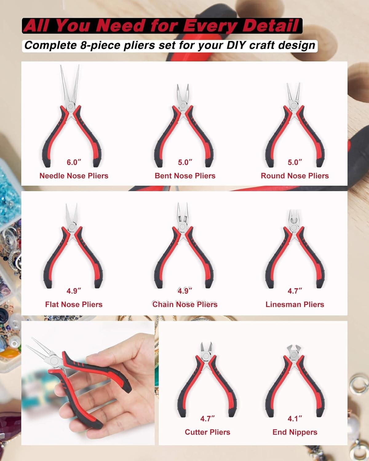 Durable Jewelry Pliers Set - 8 Essential Tools for Beading, Wire Wrapping & More