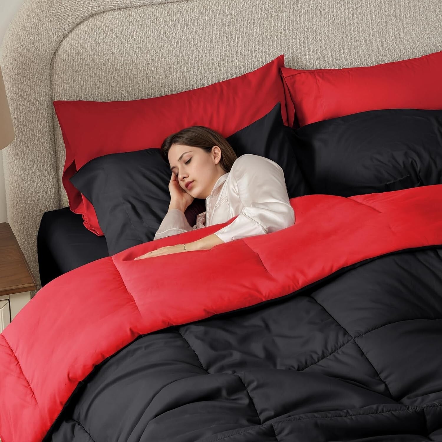 7-Piece All-Season Bedding Set with Black & Red Microfiber Comforter - Cal King