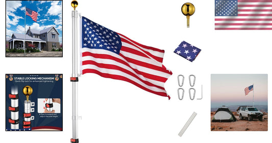 Aluminum 25ft Telescoping Flag Pole with 2 Flag Capacity & Golden Top Finial