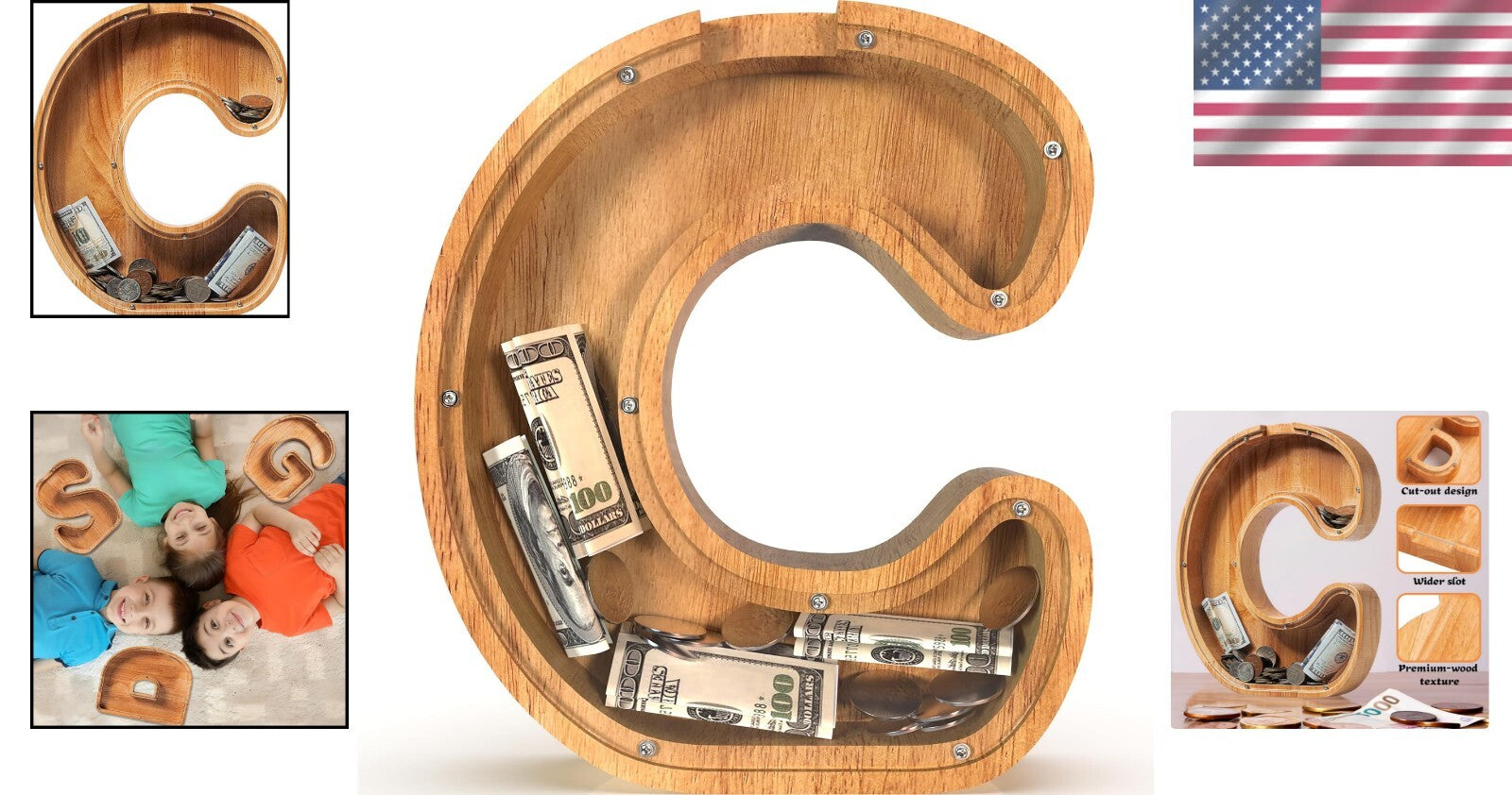 12'' Extra-Large Personalised Wooden Letter Piggy Bank for Kids - Initial C