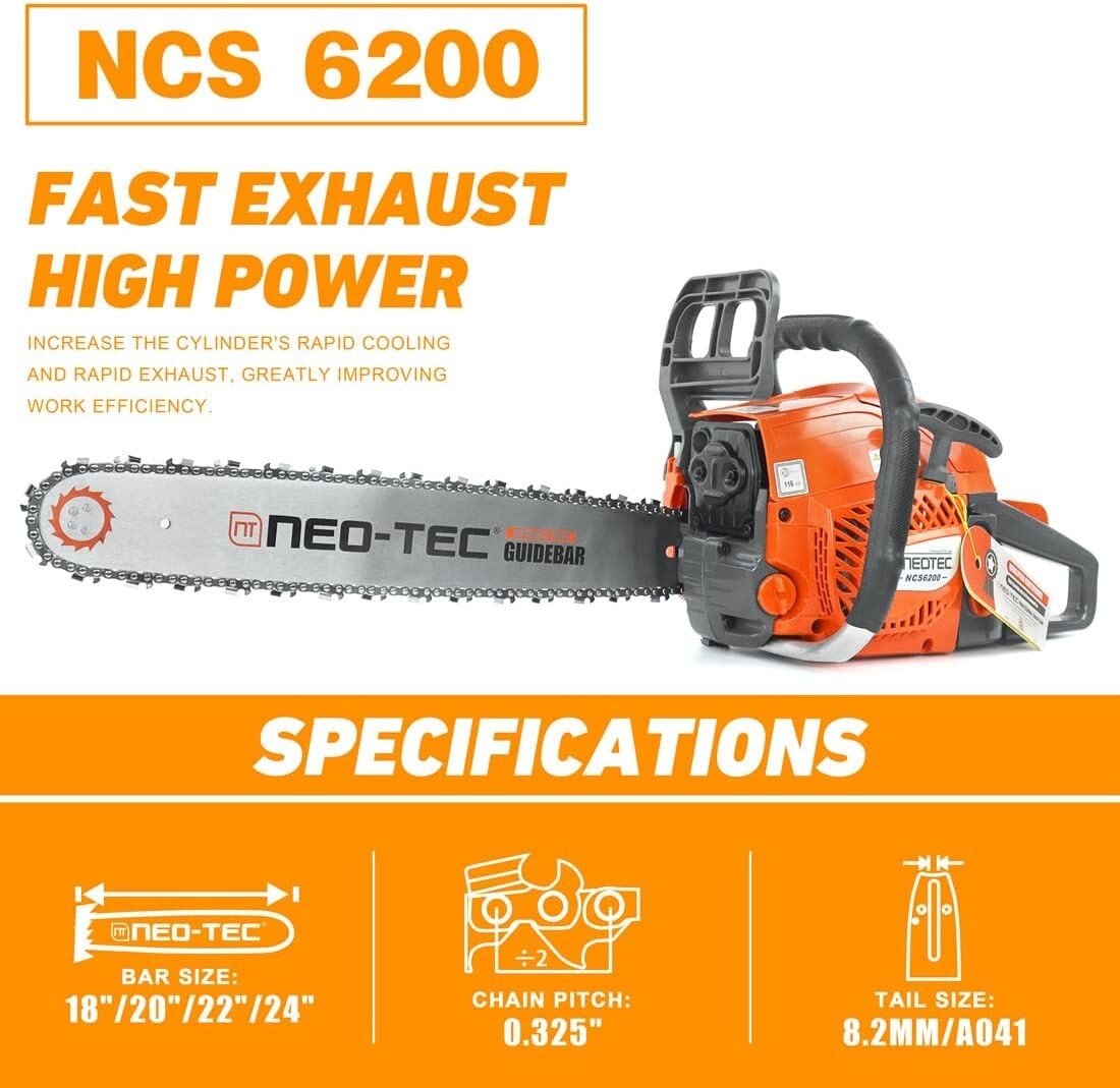 NEOTEC 62CC Gas Chainsaw - Ergonomic 20'' Bar for Effortless Wood Cutting