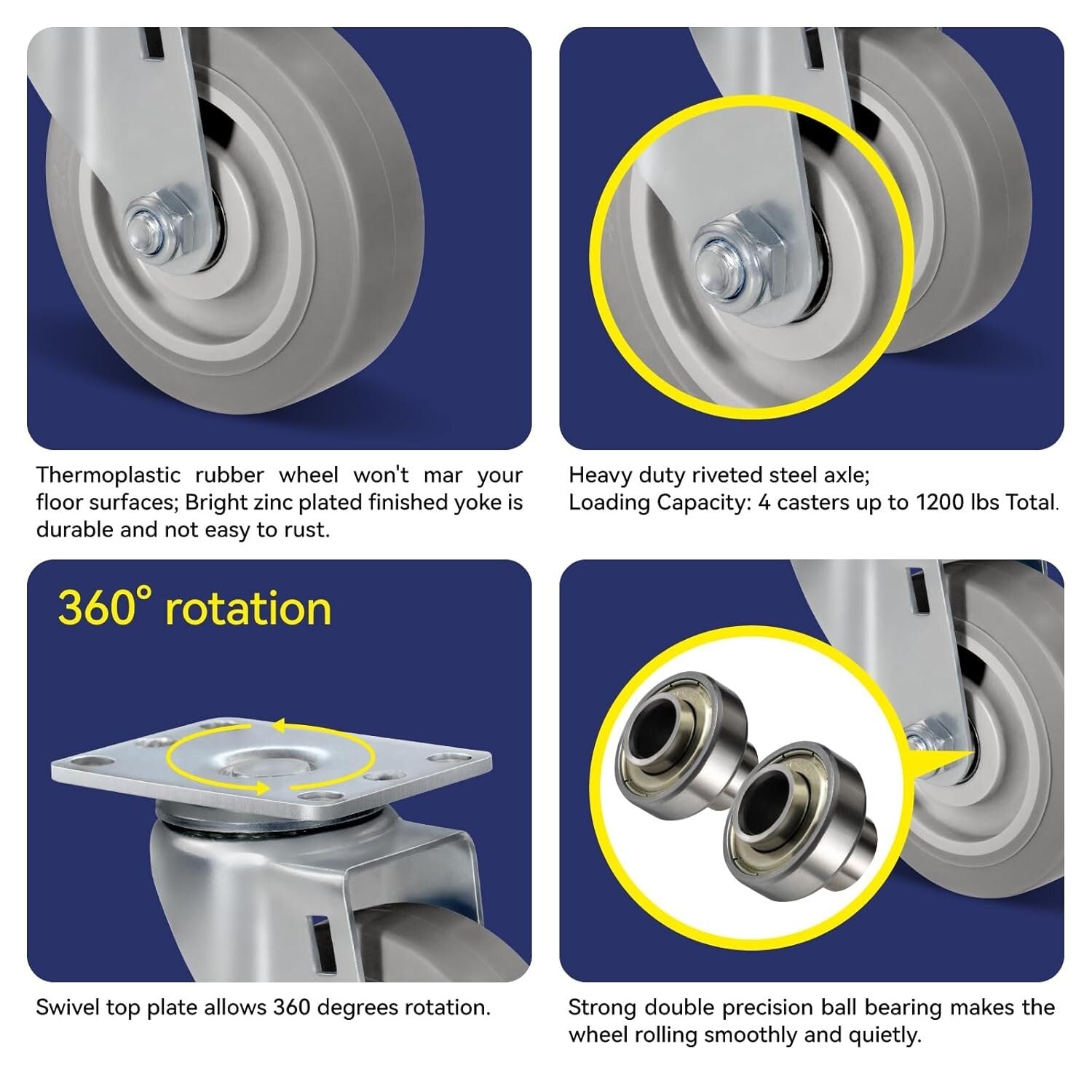 4" Heavy Duty Casters Set of 4, 1200lbs Capacity, Smooth Rolling Wheels