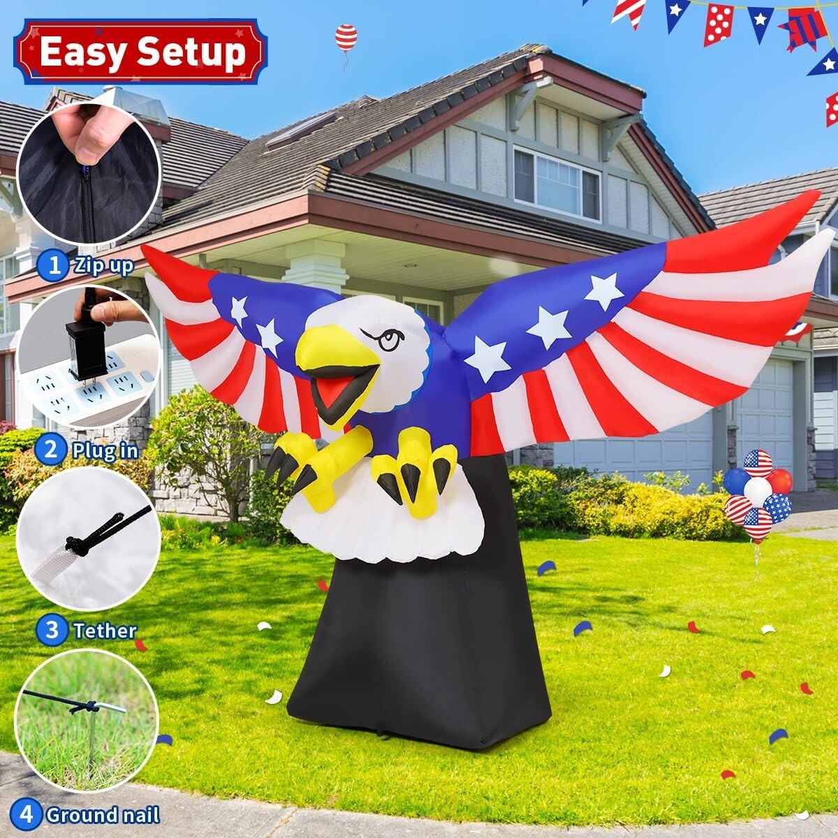 Fast-Inflating Bald Eagle Decoration for 4th of July - LED Lit & Easy to Store