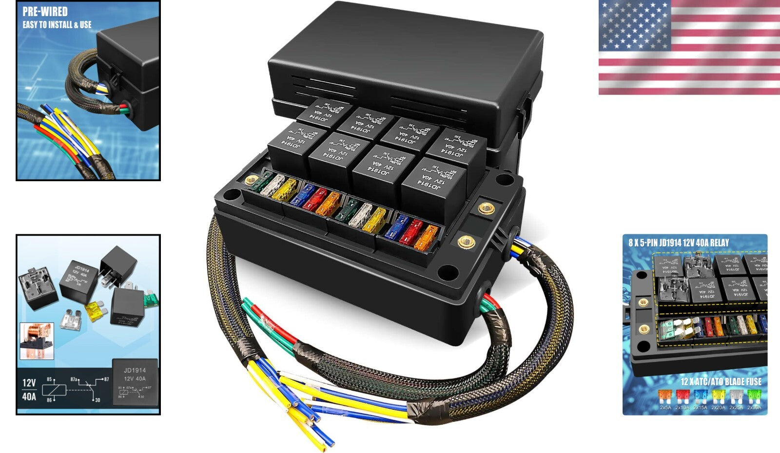Pre-Wired IP65 Relay Fuse Box with 8 JD1914 Relays for Automotive & Marine