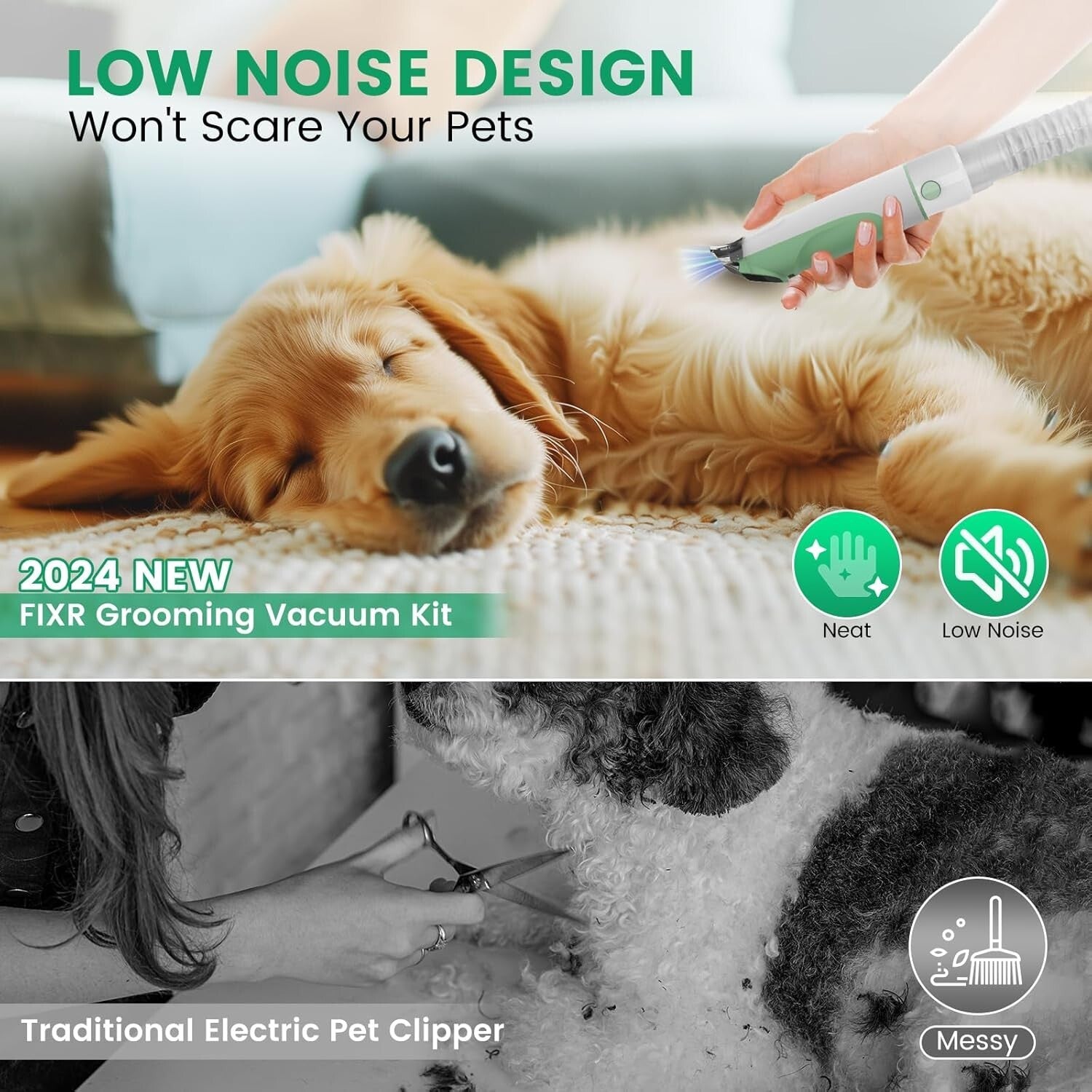 11000Pa Dog Grooming Vacuum with 7 Tools - Ergonomic Design & Low Noise Grooming