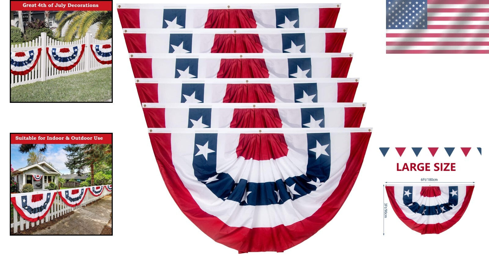 6-Pack 3x6 Ft American Flag Bunting - Bright Pleated Fan Flag for Celebrations