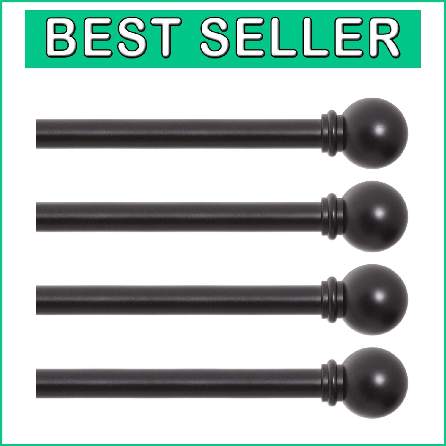 Durable Black Extendable Curtain Rods, 5/8" diameter, 4 Pack for Window Decor