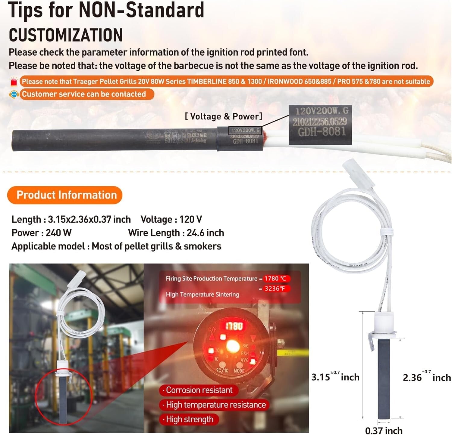 Durable Hot Rod Igniter - 90 Second Ignition for Pit Boss & Other Pellet Grills