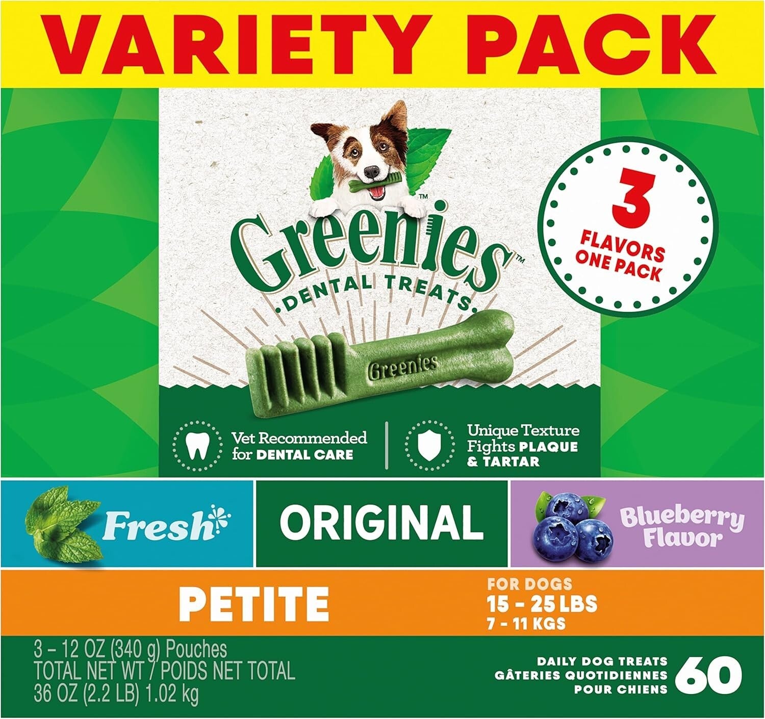 60 Piece Petite Dog Dental Treats - Minty Fresh & Blueberry Flavor for Care