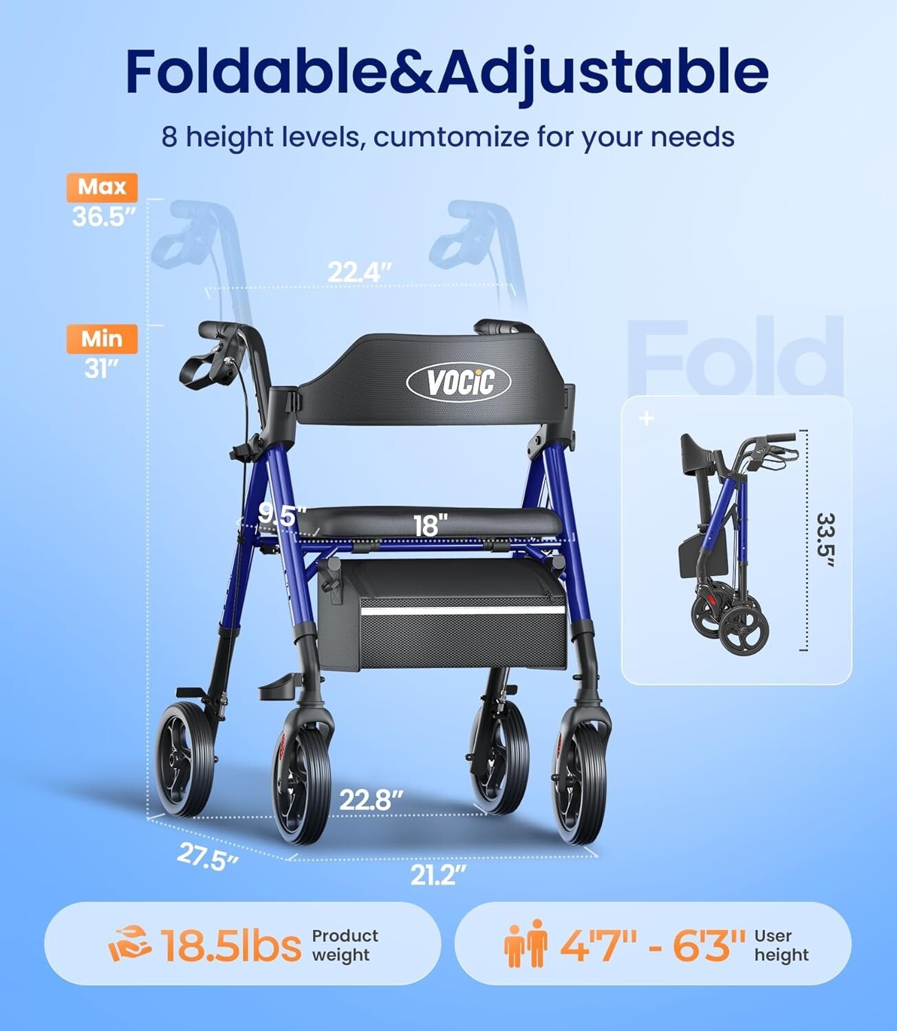 Durable Foldable Walker with Seat and 8" Wheels - Perfect for Seniors' Mobility