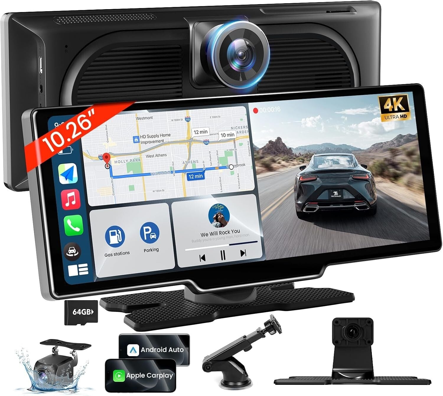 Innovative 10.26'' Wireless Car Audio Receiver with 4K Dash Cam & GPS Navigation