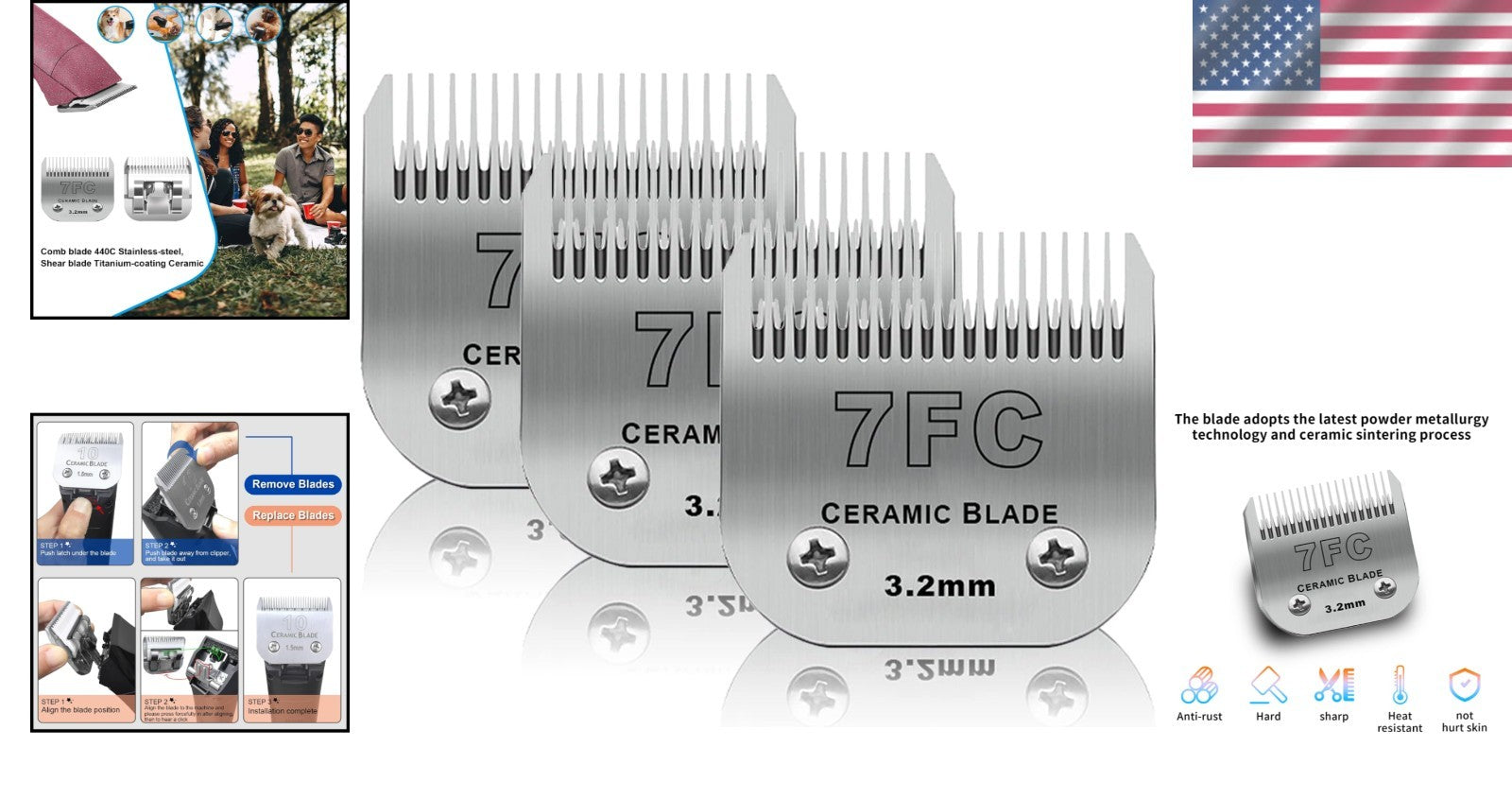 Efficient Grooming with 3 Pack 7FC Detachable Blades for Andis & Oster Models