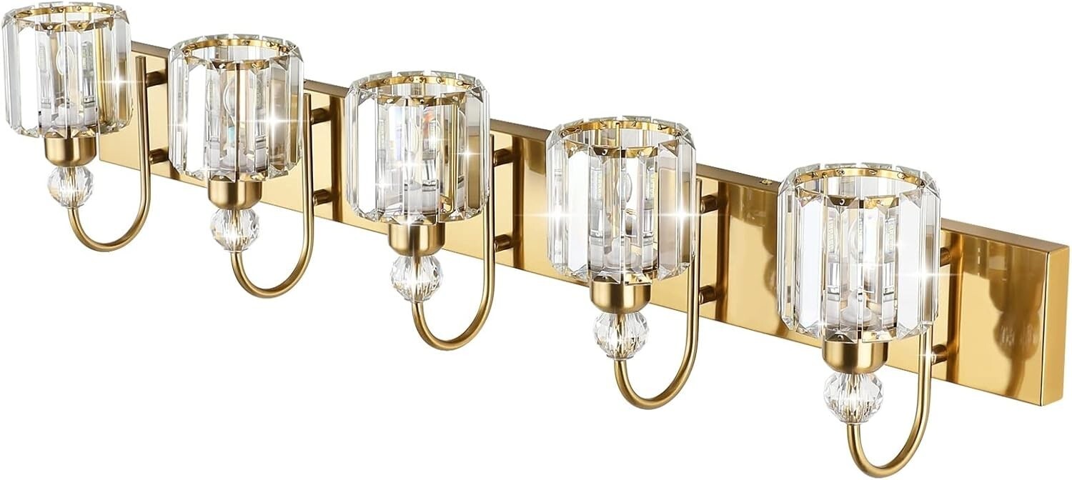 Elegantly Crafted 5-Light Brass Gold Vanity Wall Lighting with Crystal Shades