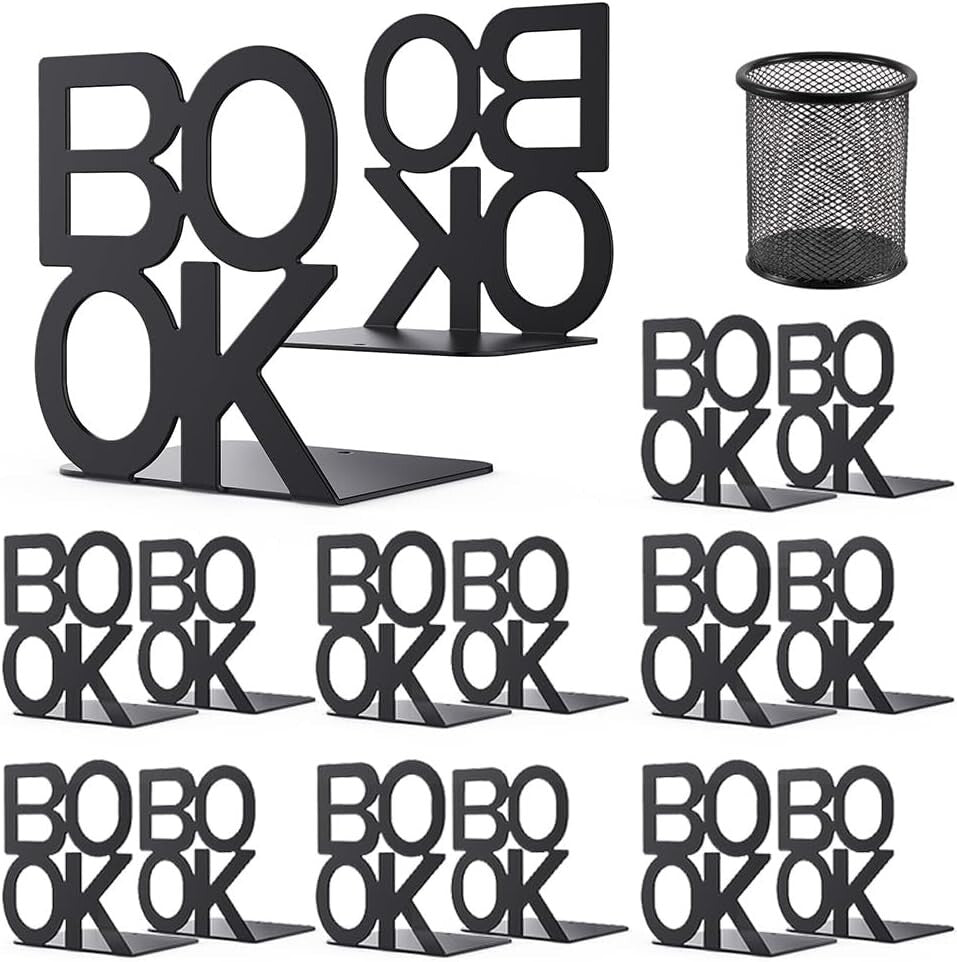 Elegant Black Metal Bookends - Perfect Gift for Book Lovers, 8 Pairs Included