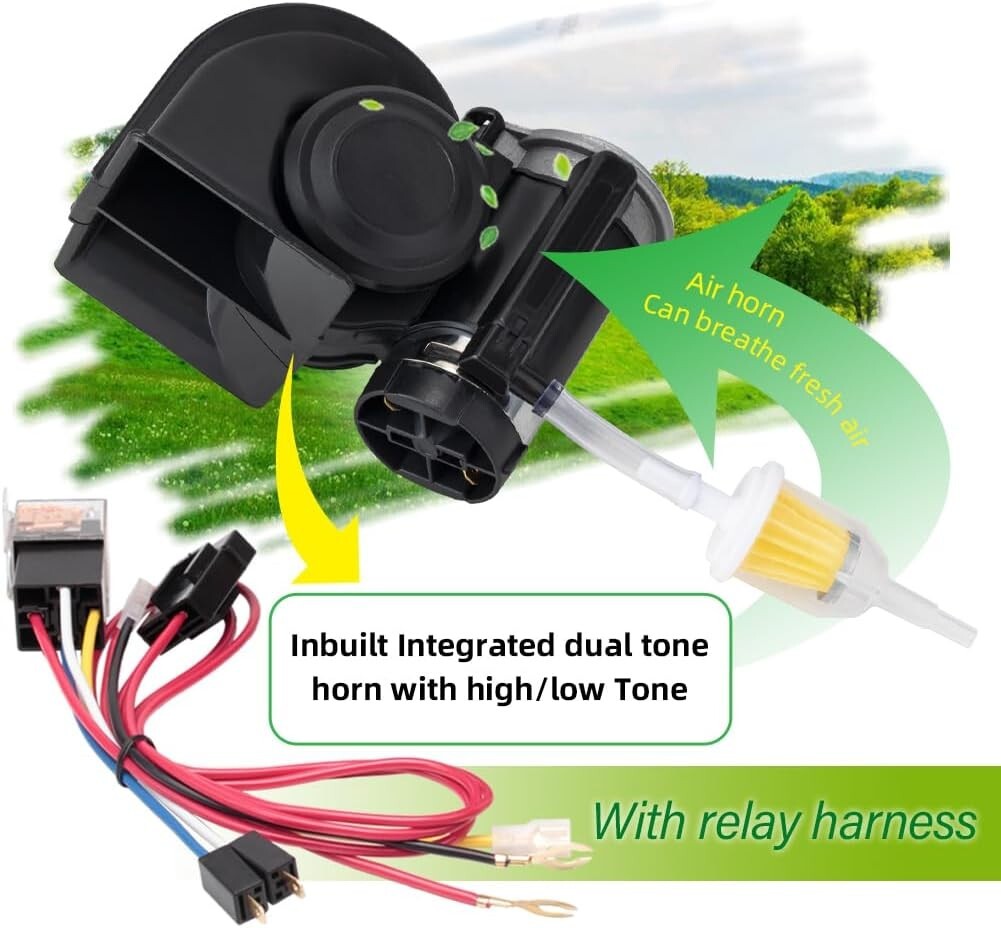 Super Loud 12V Air Horn - 150Db Black Electric Horn with Easy Install Harness