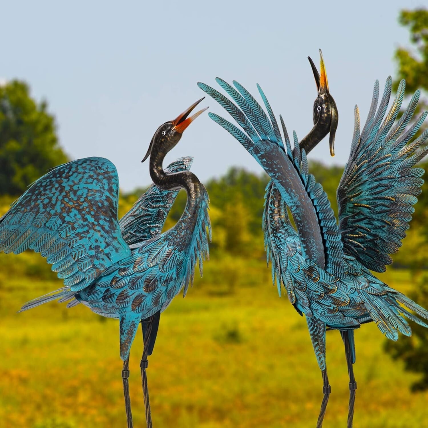 Elegant Handmade Garden Crane Sculptures - Blue Metal Bird Yard Art Set