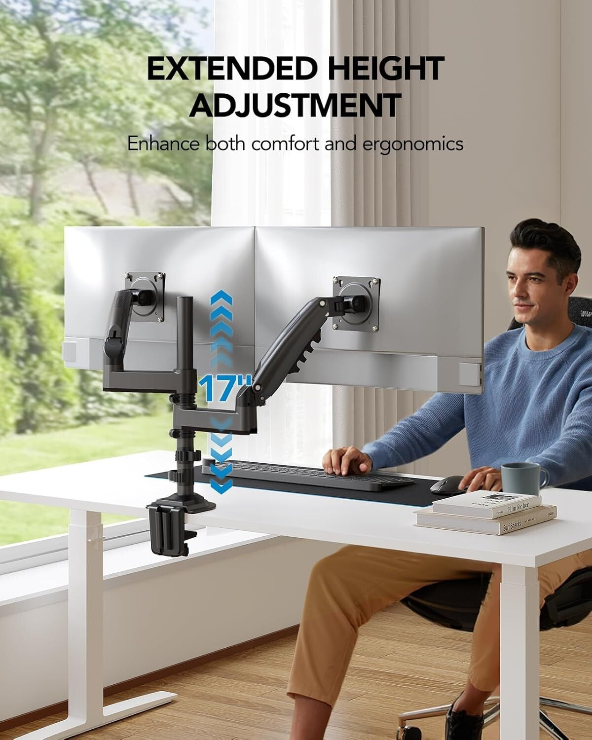 Ergonomic Dual Display Monitor Stand - Tilt/Swivel/Rotate for Optimal Viewing