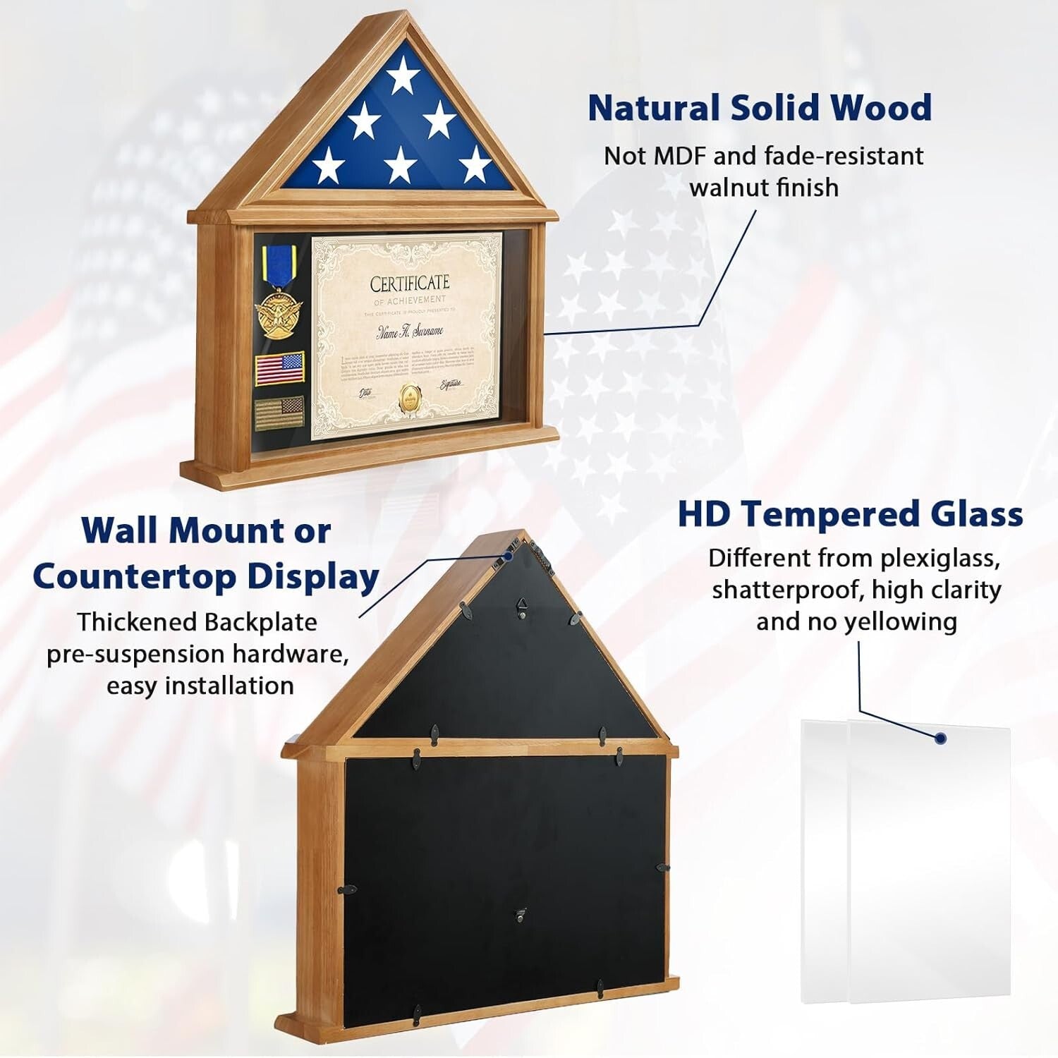 Veteran Honor Flag Display Box with Certificate Holder - Wall Mount or Tabletop