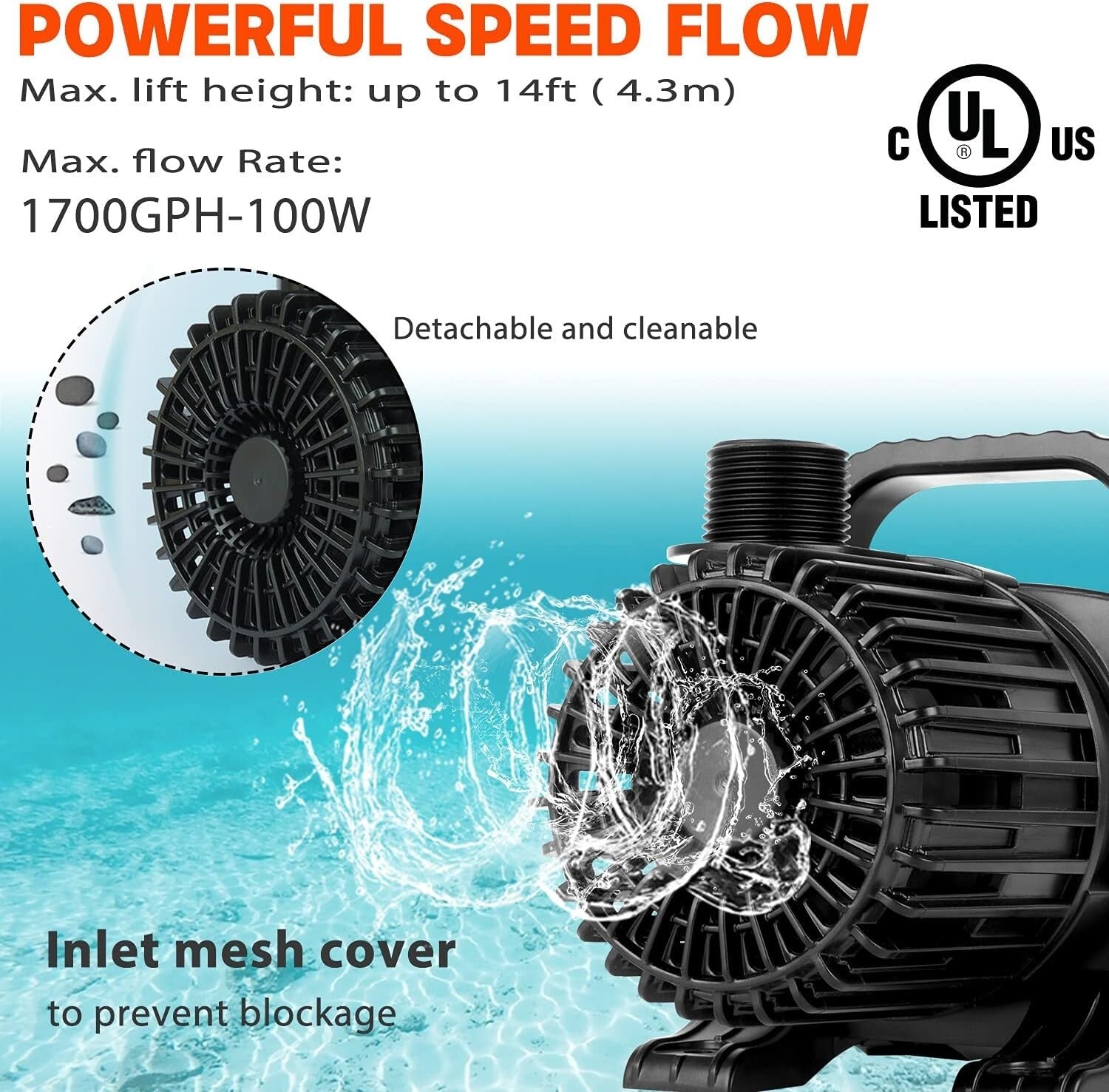 Energy-Efficient 1700 GPH Fountain Pump with Overheat Protection, UL Listed