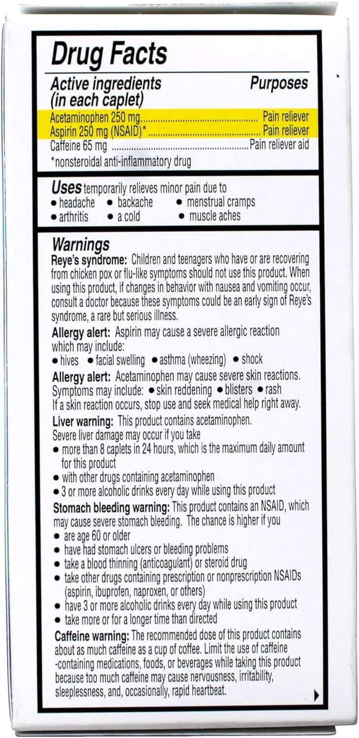 Aspirin & Acetaminophen Pain Reliever - 100 Coated Caplets for Easy Swallowing