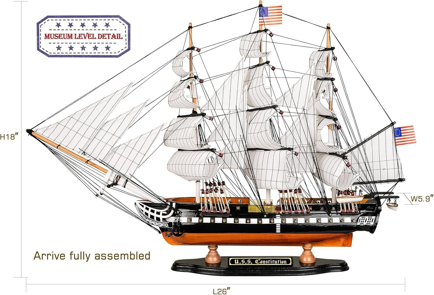 Elegant 26” USS Constitution Replica - Fully Assembled Nautical Tabletop Decor