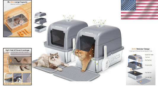 Odorless Extra Large Stainless Steel Cat Litter Box - 2 Pcs Durable Design